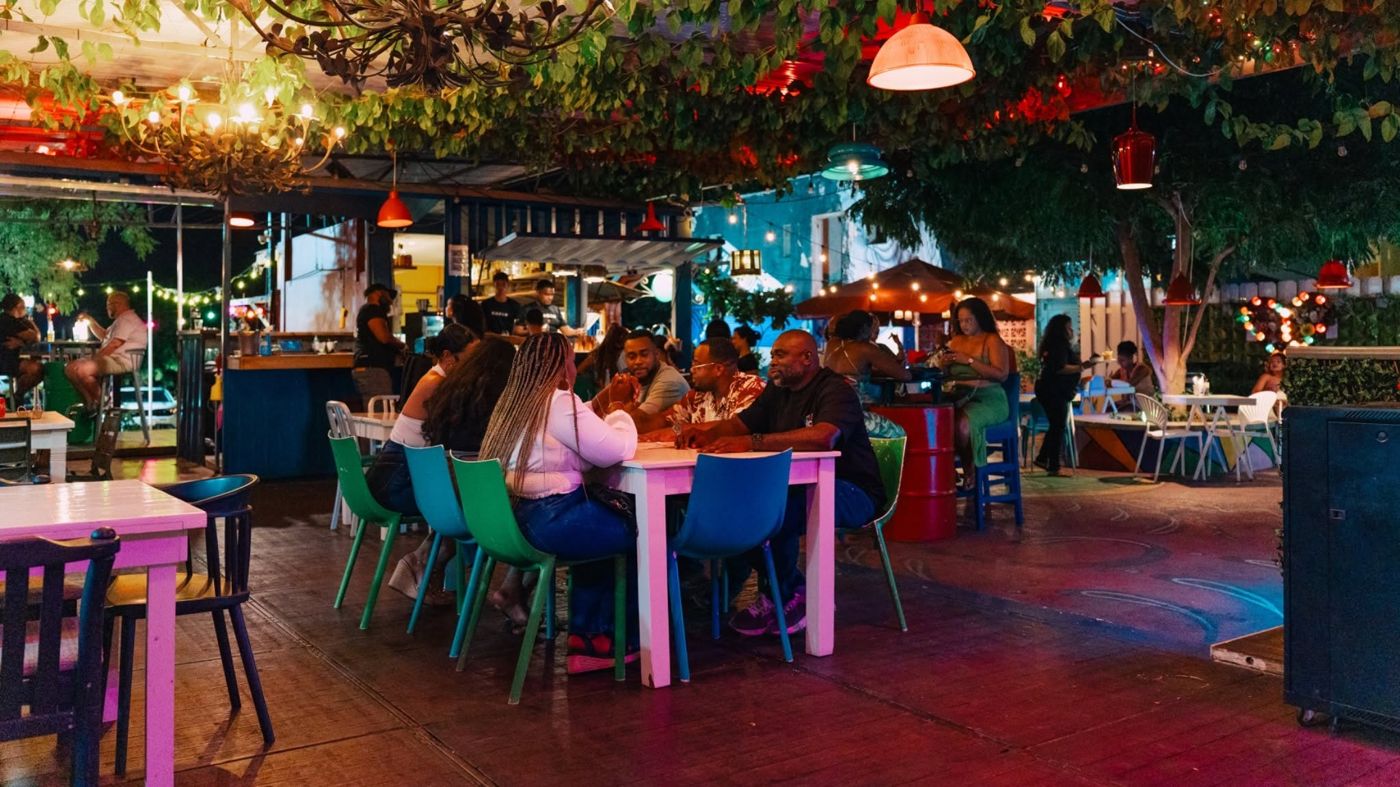 The yard at night under the trees, with friends around a table and the bar lit up